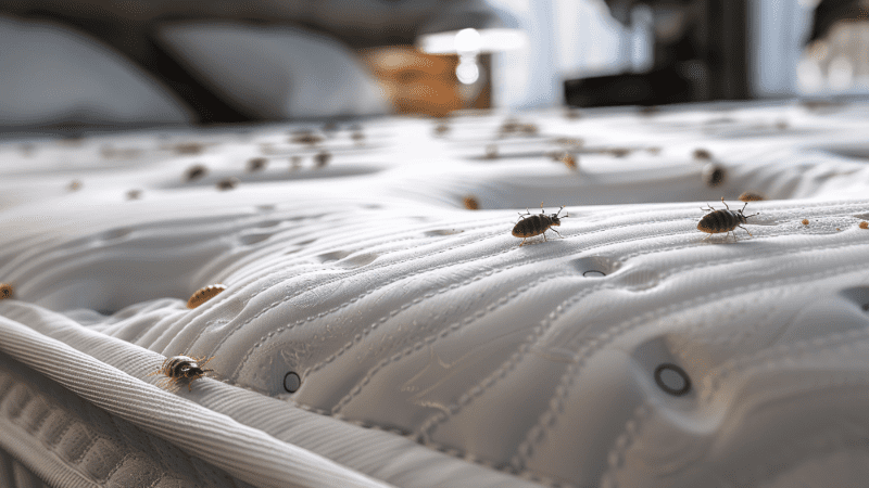 Punaises de lit visibles sur un matelas blanc